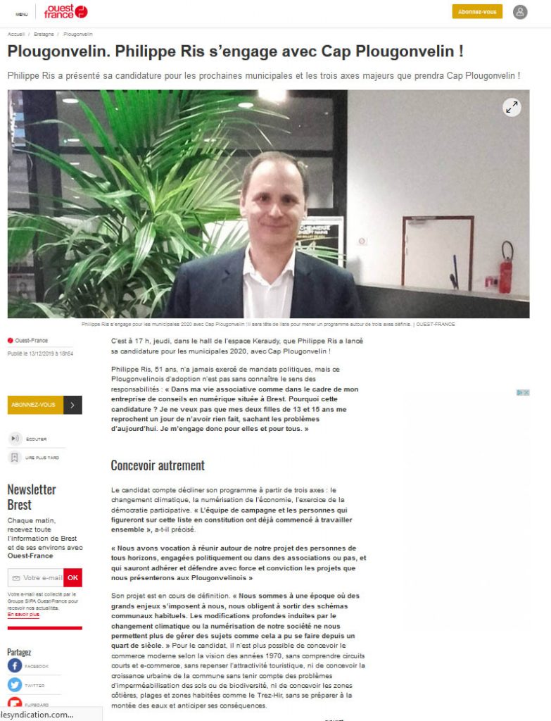 Electtions Municipales Plougonvelin 2020 Philippe RIS Ouest France décembre
