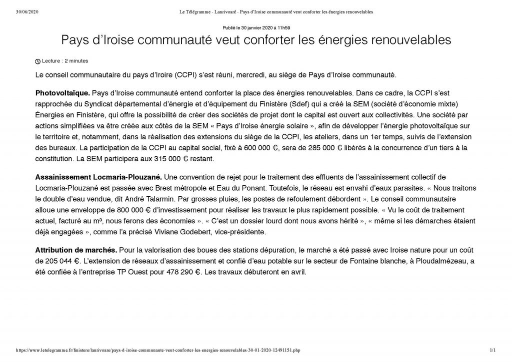 ARTICLE TÉLÉGRAMME SAS PHOTOVOLTAIQUE