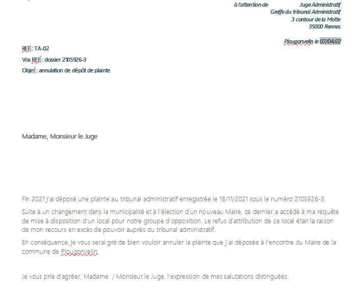 retrait plainte TA