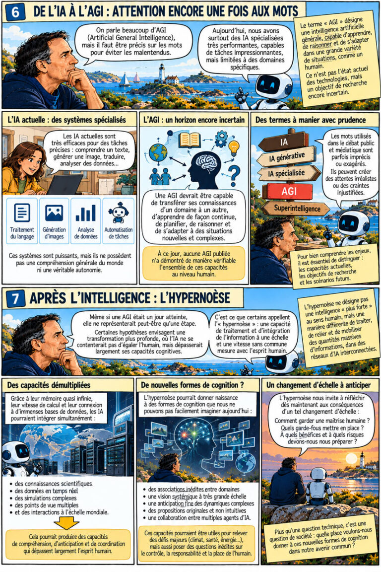 BD expliquant le passage de l'intelligence artificielle à l'AGI et au concept d'hypernoèse